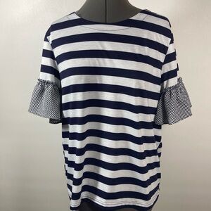 Isela Top Women Size Large Navy & White Stripes Checked Short Sleeves Pullover
